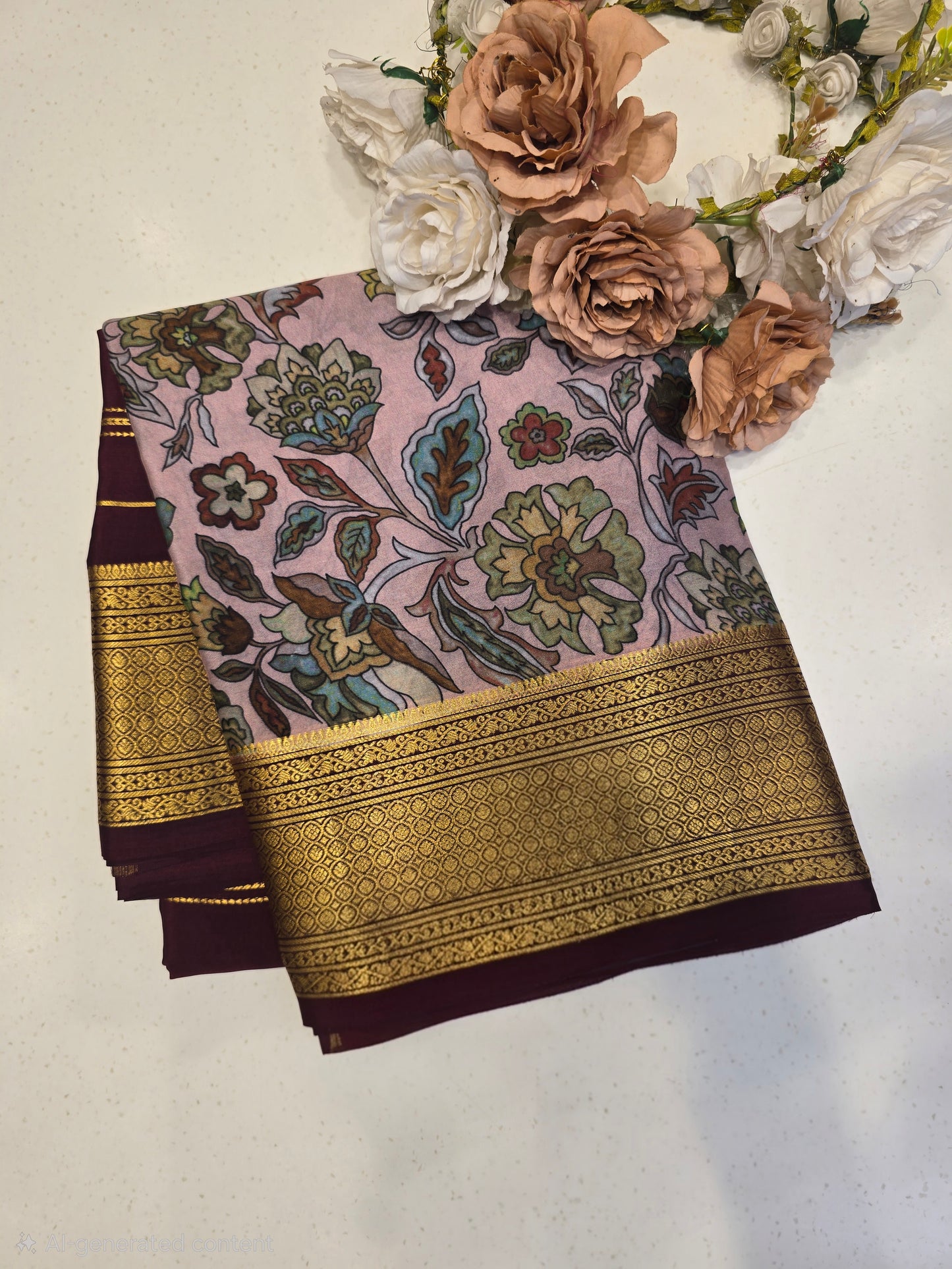 Exclusive Pure Mysore Kalamkari Printed Crepe Silk Saree with Gatti Zari Border | Baby Pink & Chocolate Brown | Premium Festive & Wedding Wear