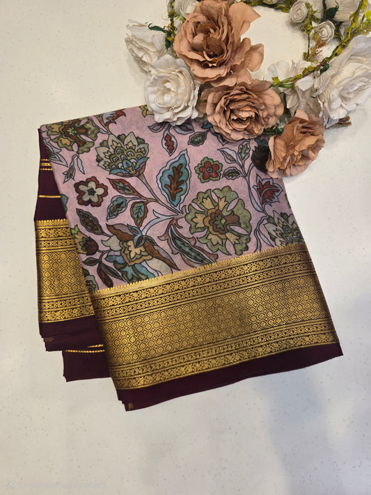 Exclusive Pure Mysore Kalamkari Printed Crepe Silk Saree with Gatti Zari Border | Baby Pink & Chocolate Brown | Premium Festive & Wedding Wear