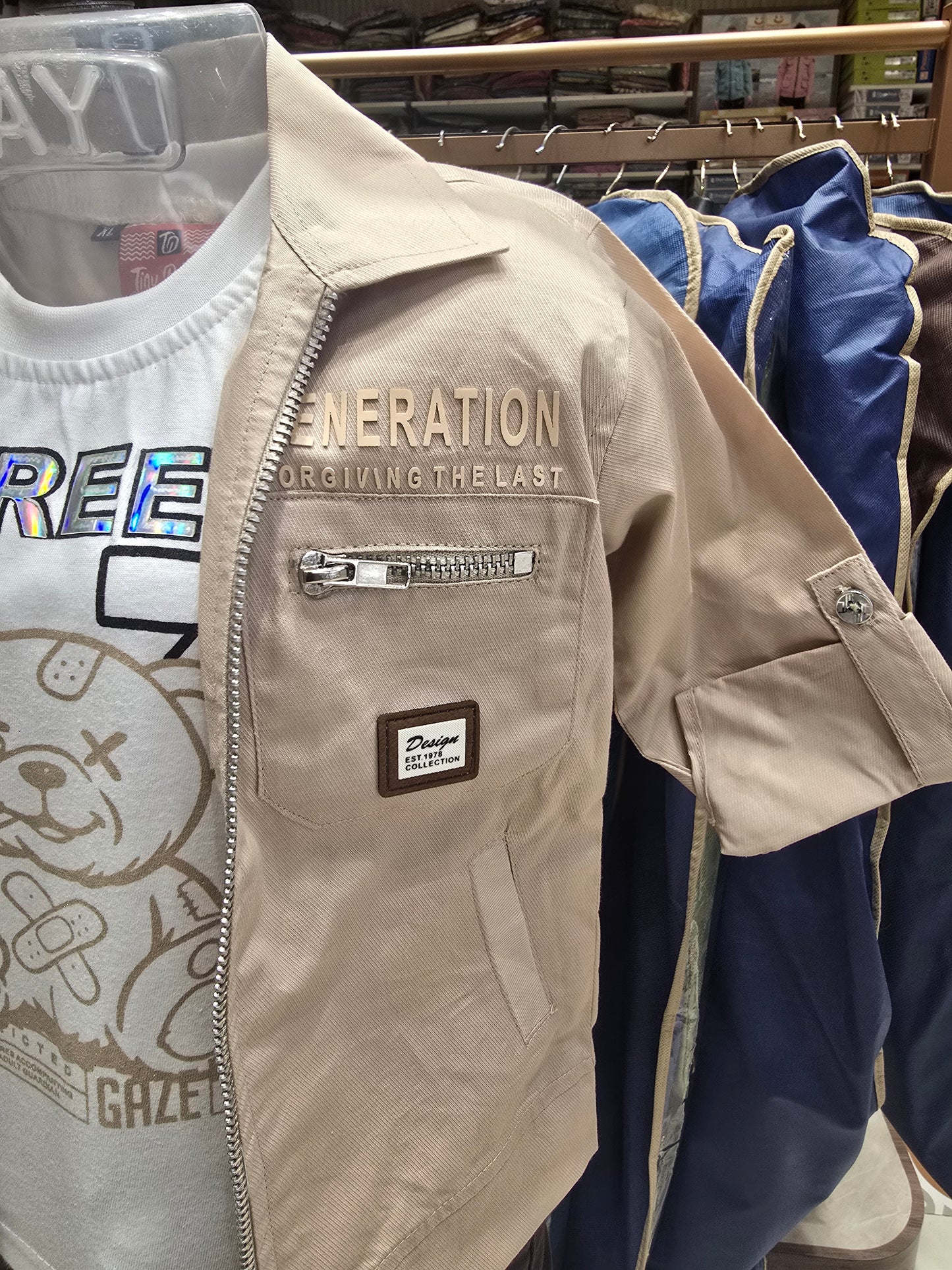 Boys Lycra Cotton 3 Piece Summer Wear Set in Cream with Printed Inner T-Shirt and Black Cargo Pant for Casual and Everyday Wear