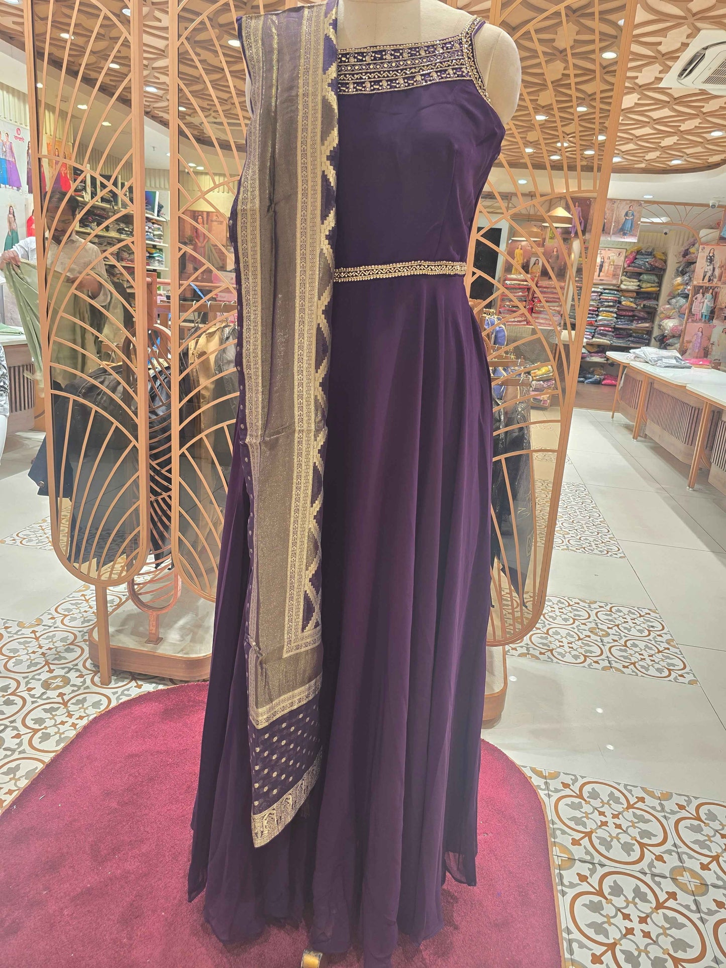Shiffon material wine color party wear gown for women