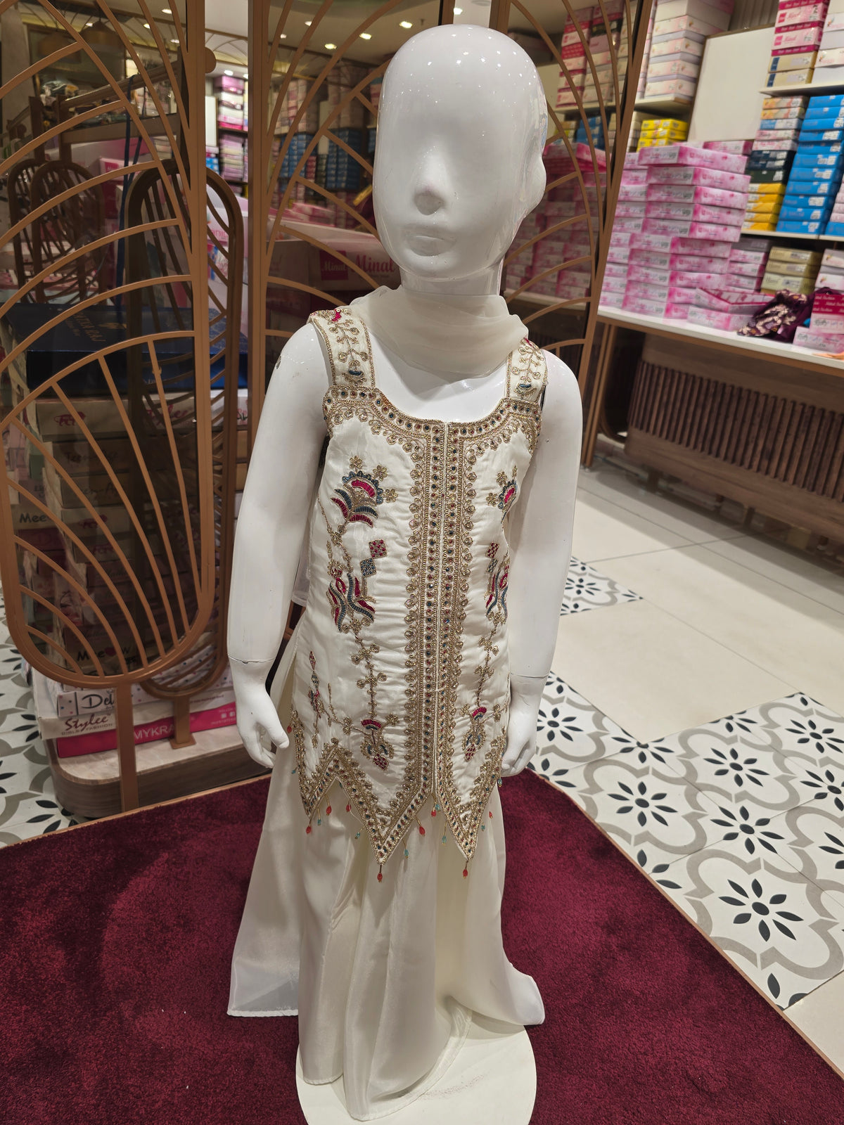 Girls White Crepe Silk Zari Embroidered Sharara Set