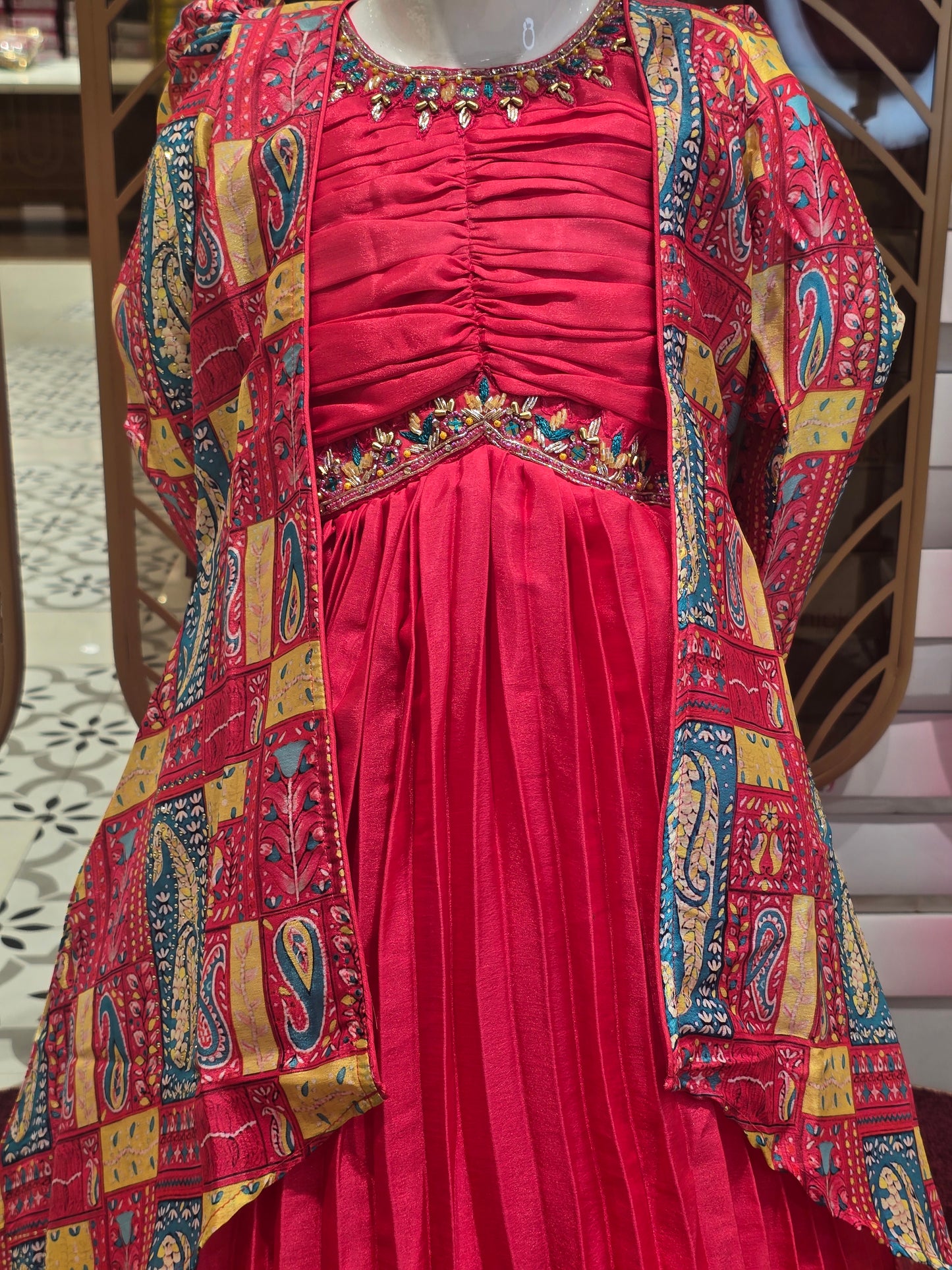 Orange Crepe Traditional Party Wear Gown for Girls with Detachable Open Jacket, Handwork Neck and Waist Detailing