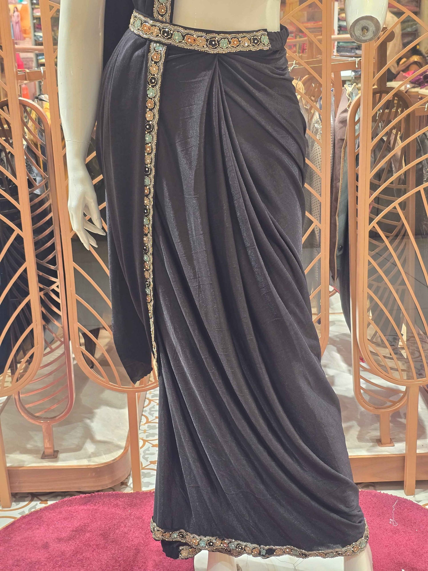 Women Black Lycra Satin Ready to Wear Saree Set