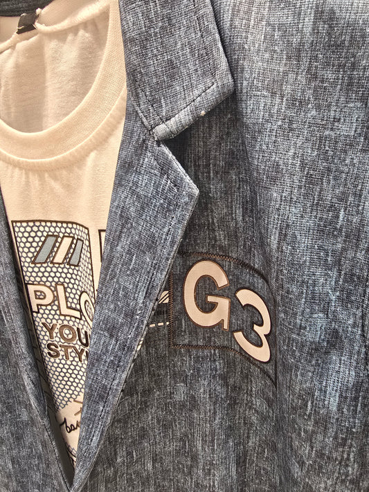 Satin Denim Blue Blazer with Side Poyal Prints & White Printed T-Shirt | Two-Piece Set for Boys