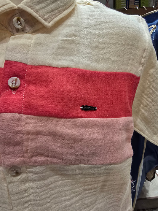 Boys Imported Fabric Summer Set in Beige Base with Folded Full Sleeve Shirt and Pink Shorts for Casual and Party Wear