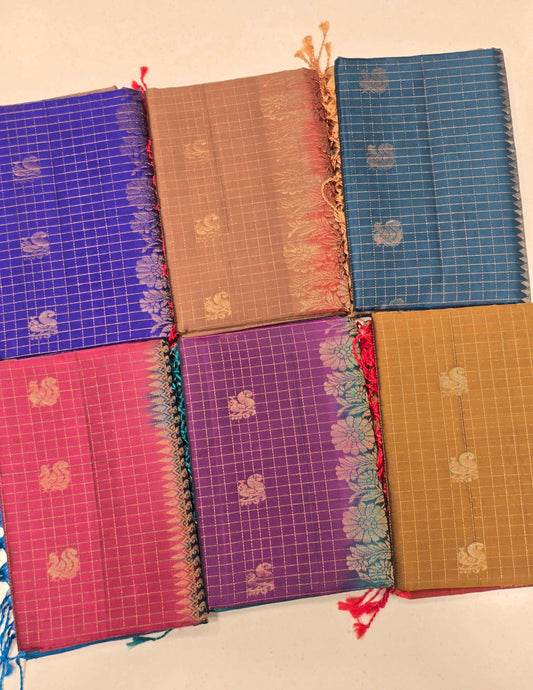 Pure softsilk saree , checked pattren with traditional peacock design motifs
