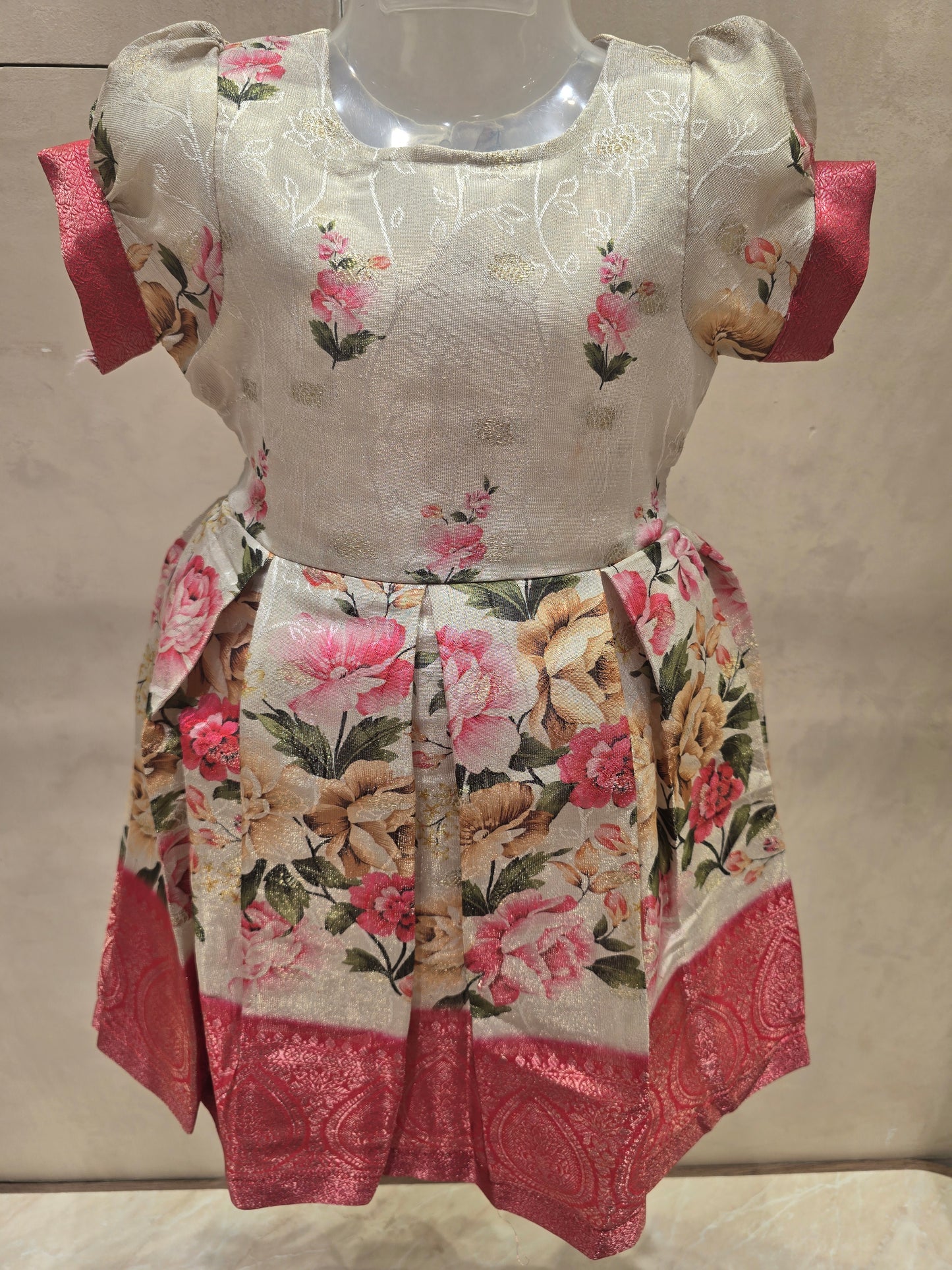 Girls Organza Floral Border Frock – White & Pink Ethnic Wear with Puff Sleeves