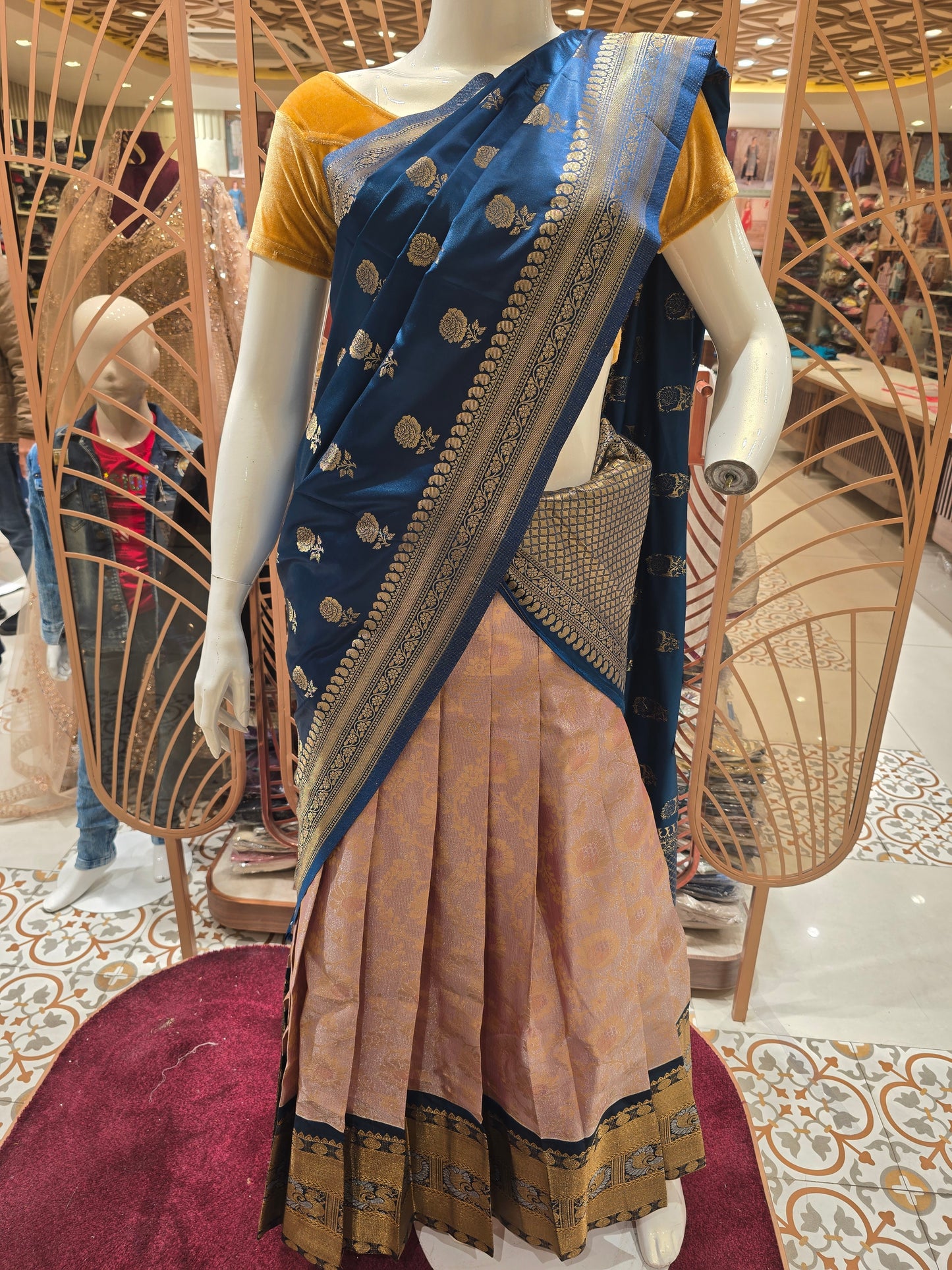 Women Peach Tissue Silk Semi Stitched Half Saree Set