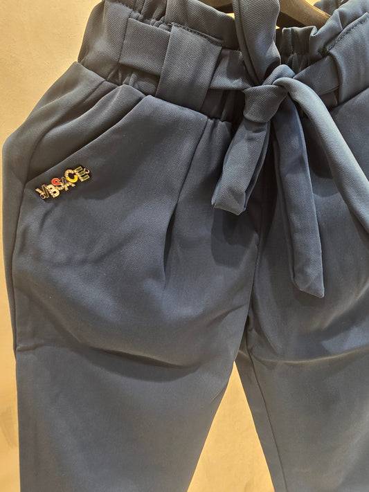 Girls Cotton Casual Wear Pant in Teel Blue with Round Elastic Waist and Stylish Tie for Summer Wear