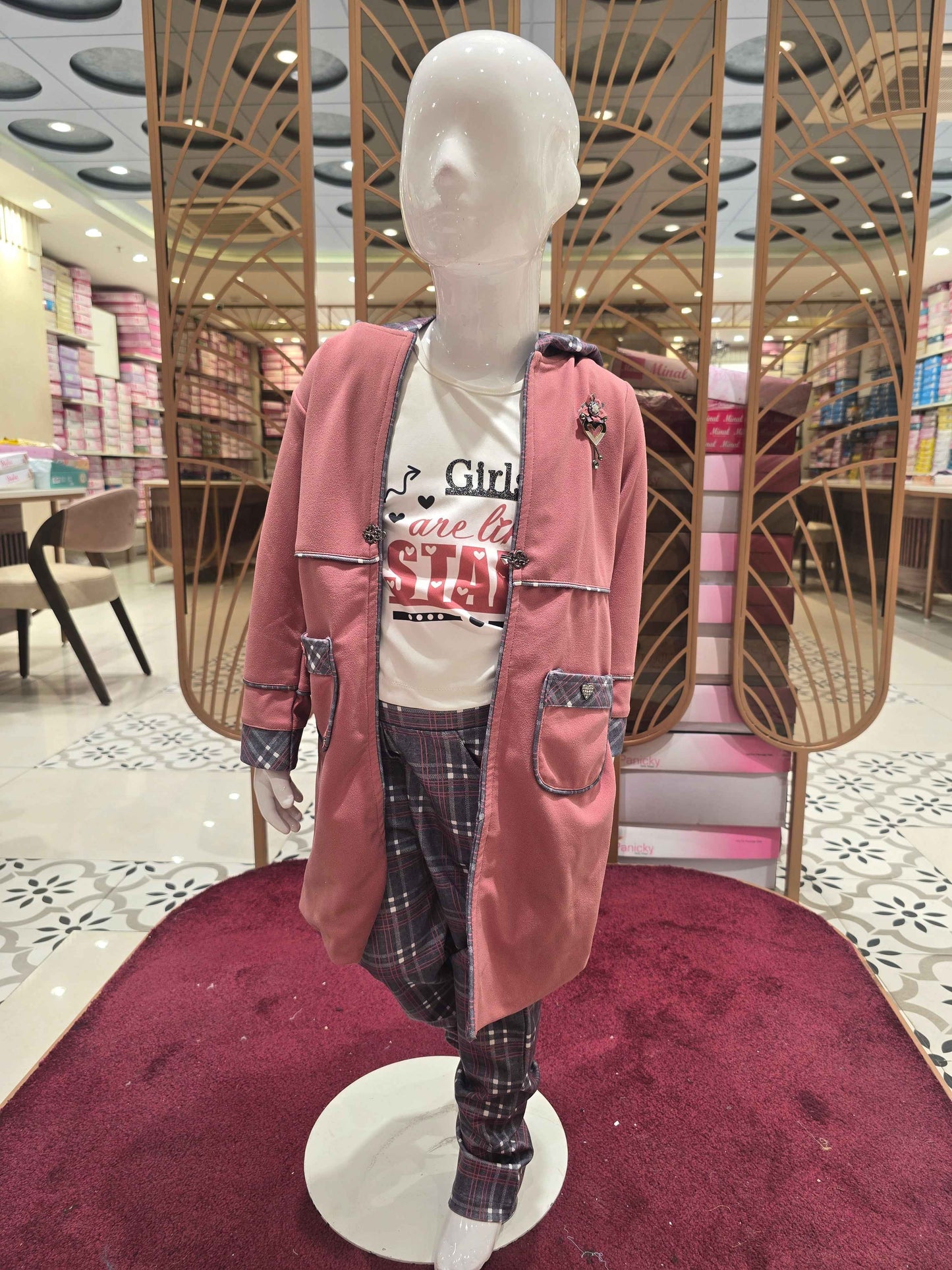 Lycra Material peach with silver colour western wear jersey style with printed inner , checked pattren pant and long jersey