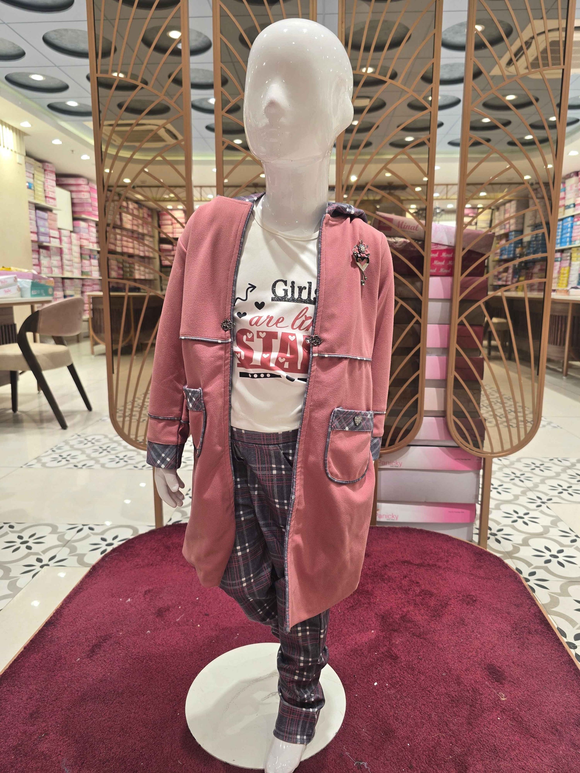 Lycra Material peach with silver colour western wear jersey style with printed inner , checked pattren pant and long jersey