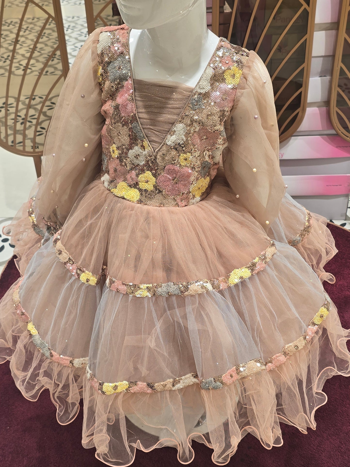 Girl Multi Shade Sequined Knitted Party Short Frock