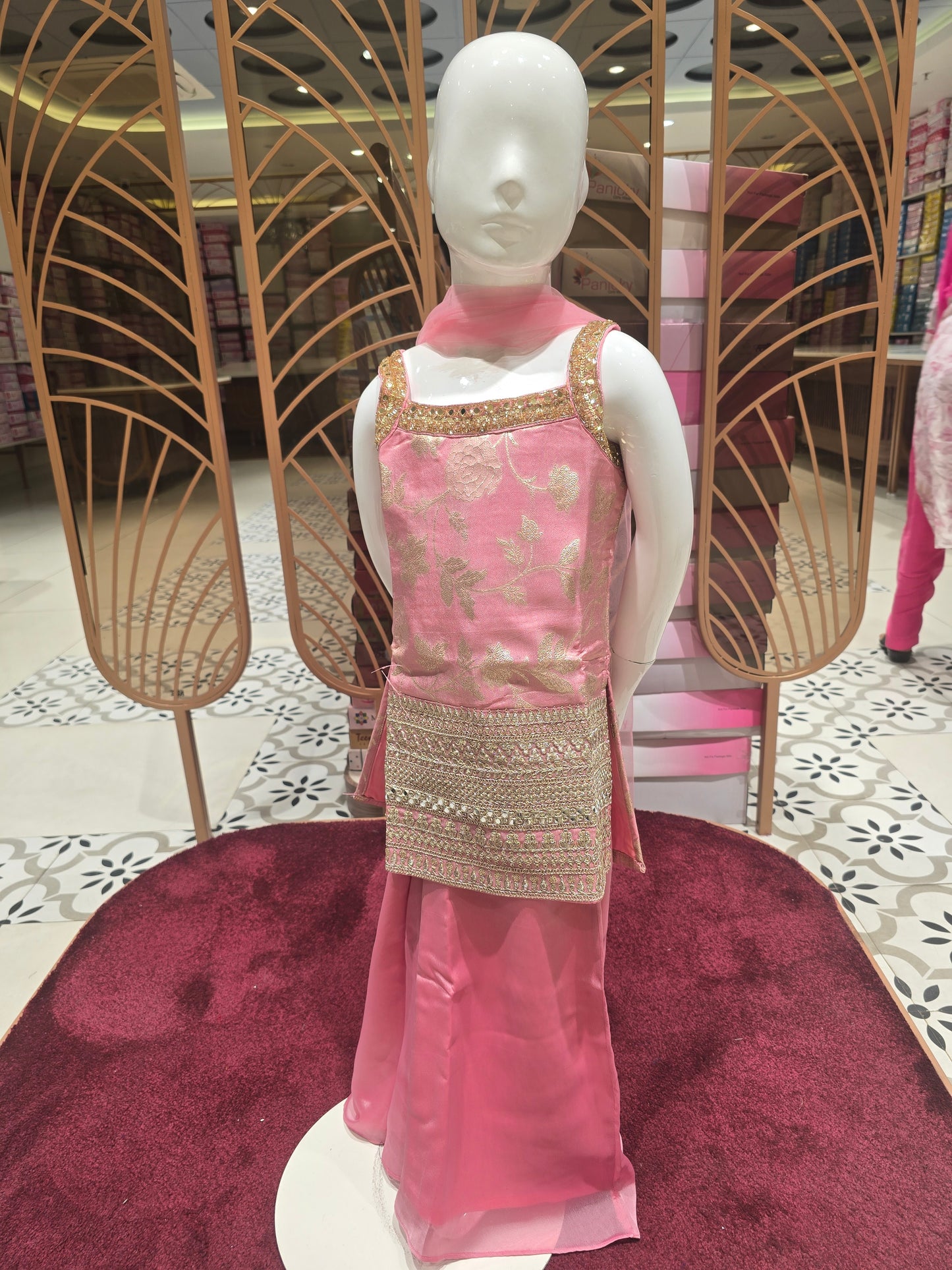 Girls Baby Pink Banarasi Sharara Set with Mirror Handwork