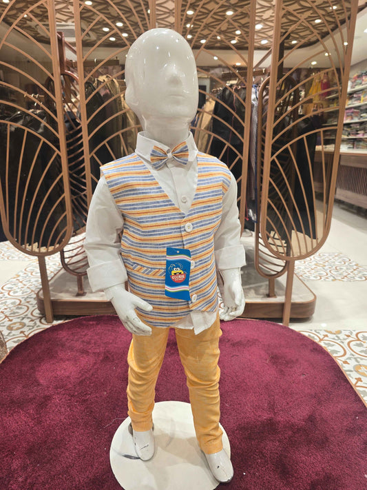 Lenin material white shirt with yellow pant (3 piece) and cute bow