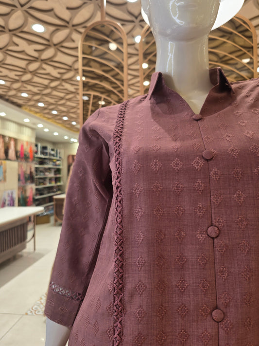 Women’s Acoba Fabric Coat Set in Onion Color with Micro Thread Work, Collar Neck Button Design and Cut-Work Sleeves for Daily and Office Wear