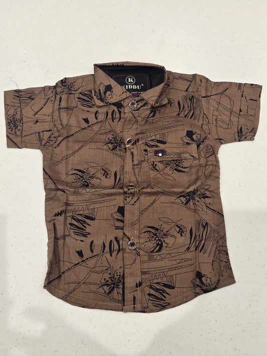 Cotton material brown color shirt with black design and halfsleeve