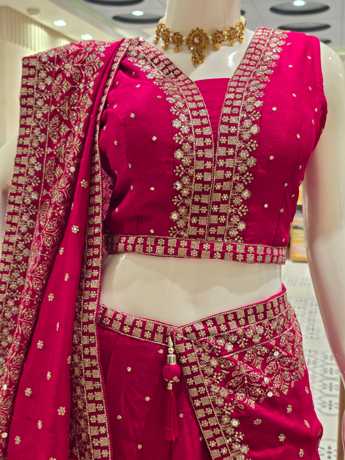 Rani Pink & Cream Georgette Lehenga Choli Set with Zari Embroidery