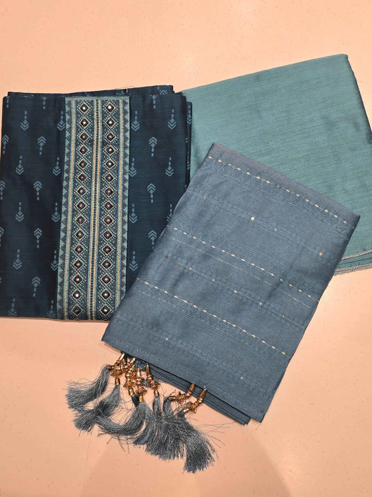 Teal Grey Semi-Cotton Unstitched Salwar Suit Dress Material Set with Digital Prints