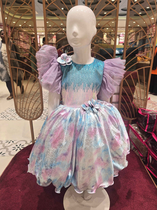 Shinning Satin material printed tale cut frock with dual colour sequence work over the top and buff Sleeves