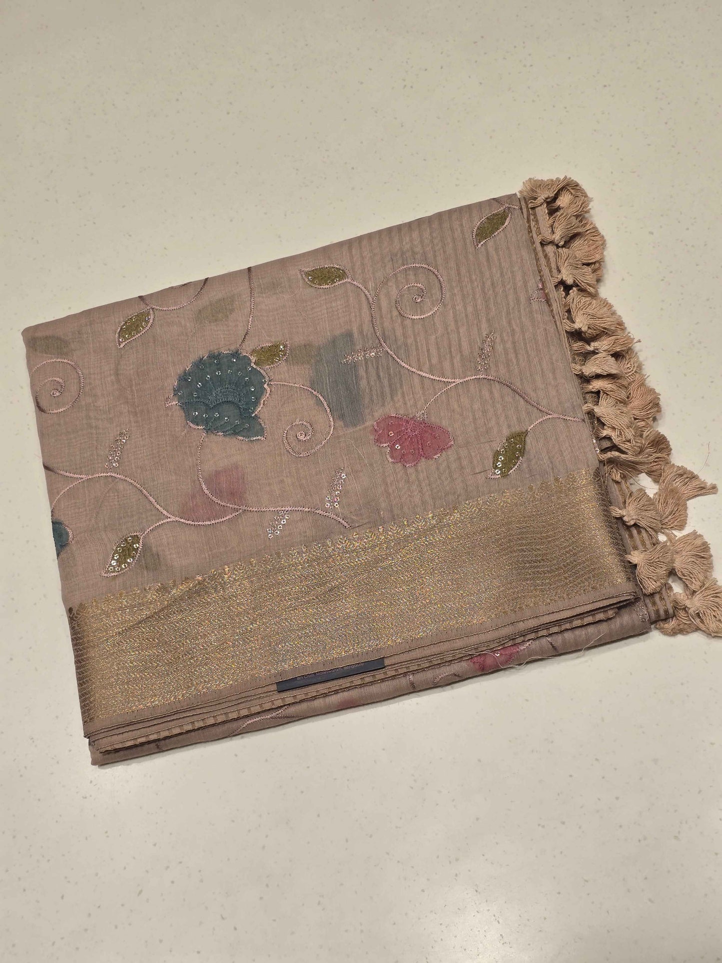 Tussar Saree with Multicolour Embroidery & Sequin