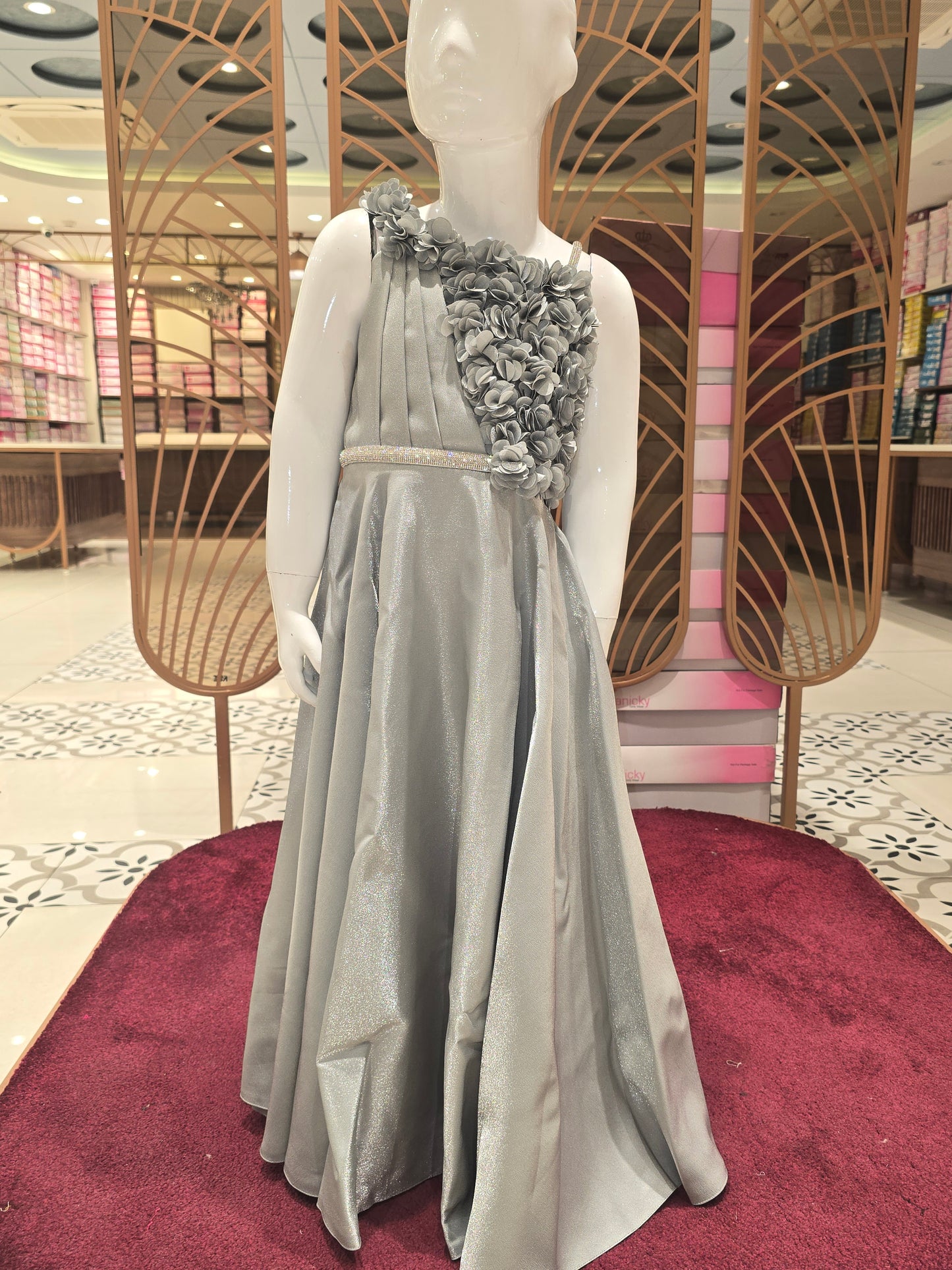 Girl Light Grey Satin Shimmer Western Gown