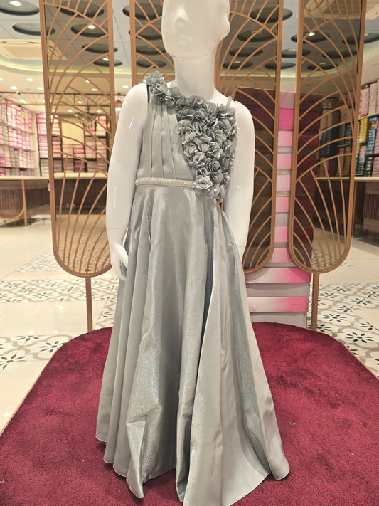 Girl Light Grey Satin Shimmer Western Gown