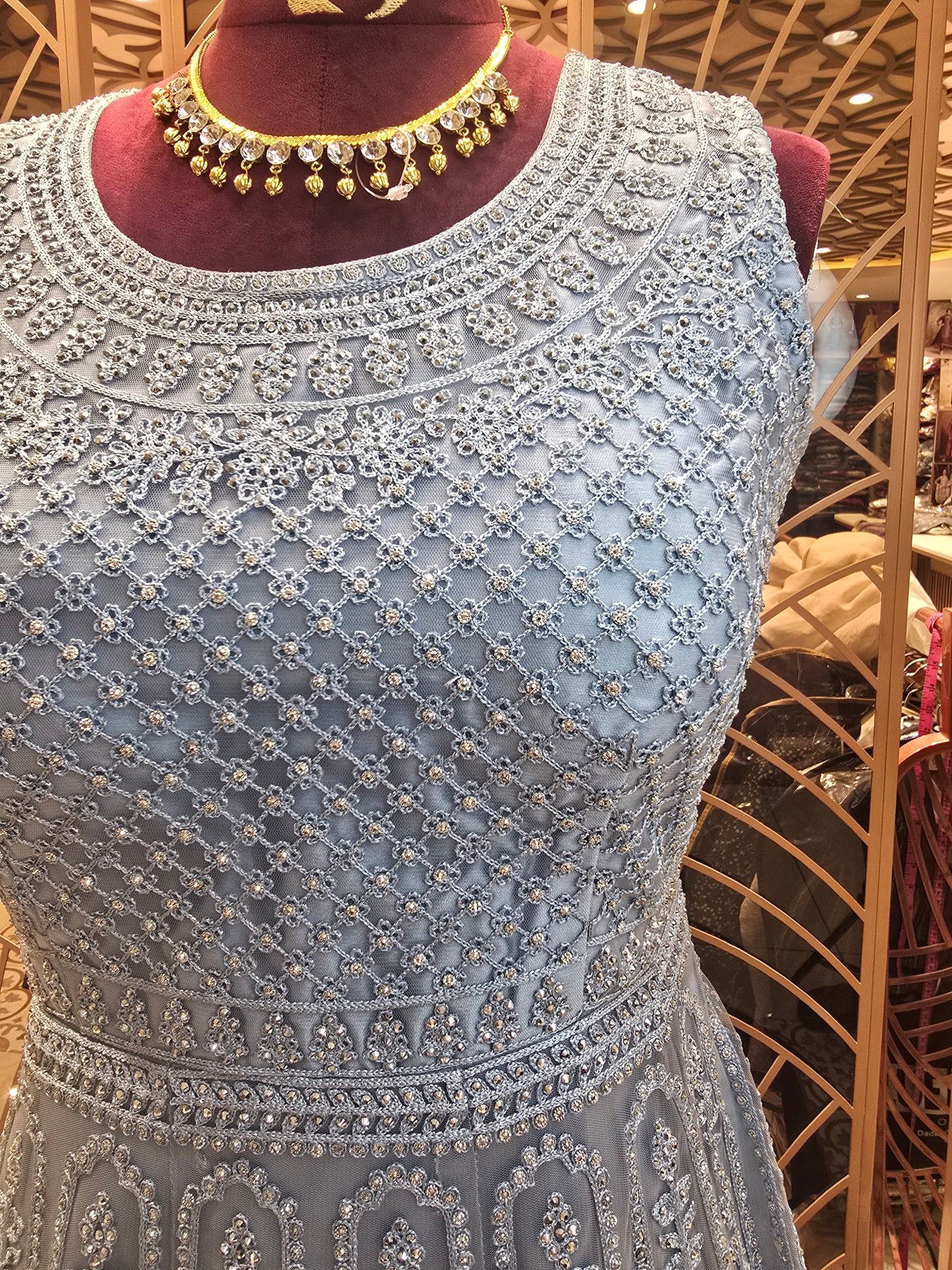 Women’s Sky Blue Net Gown with Double Lining, All-Over Embroidery & Tikli Stone Work – Elegant Party Wear