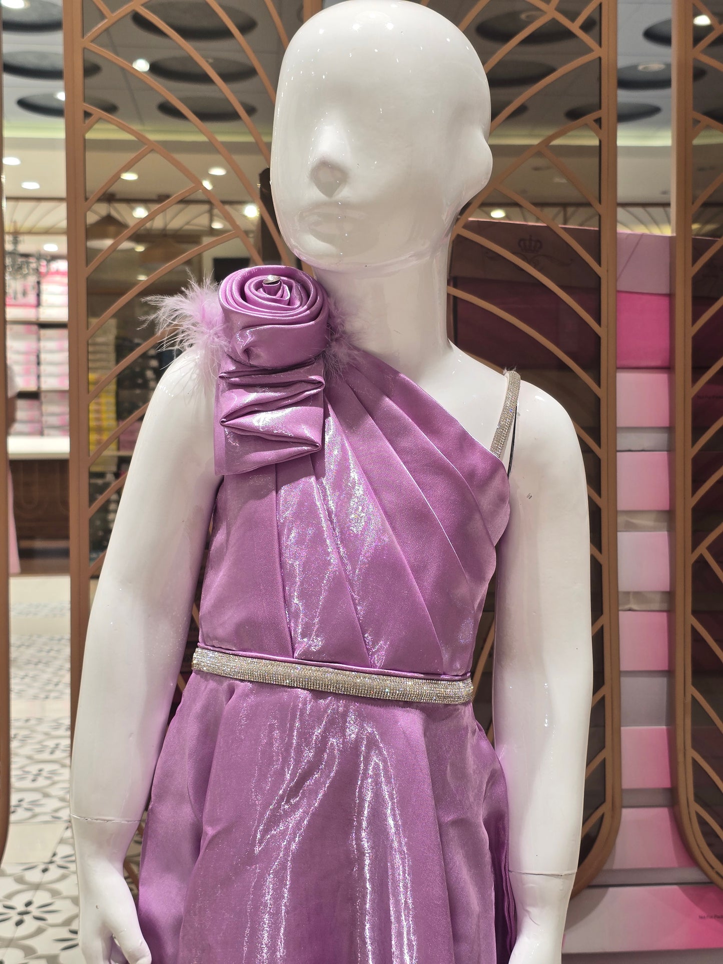 Satin material western gown for girl with Spaghetti Strap Design, Full Sleeve Inner and Stone Waist Belt and detachable flower bow