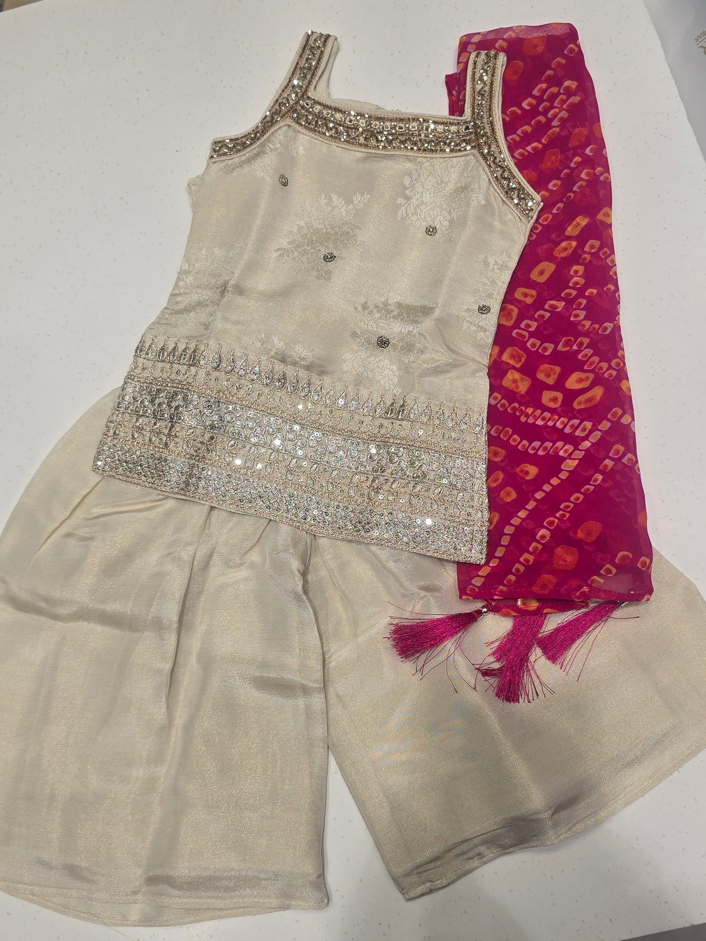 Cream Tissue Silk Sharara Set for Girls