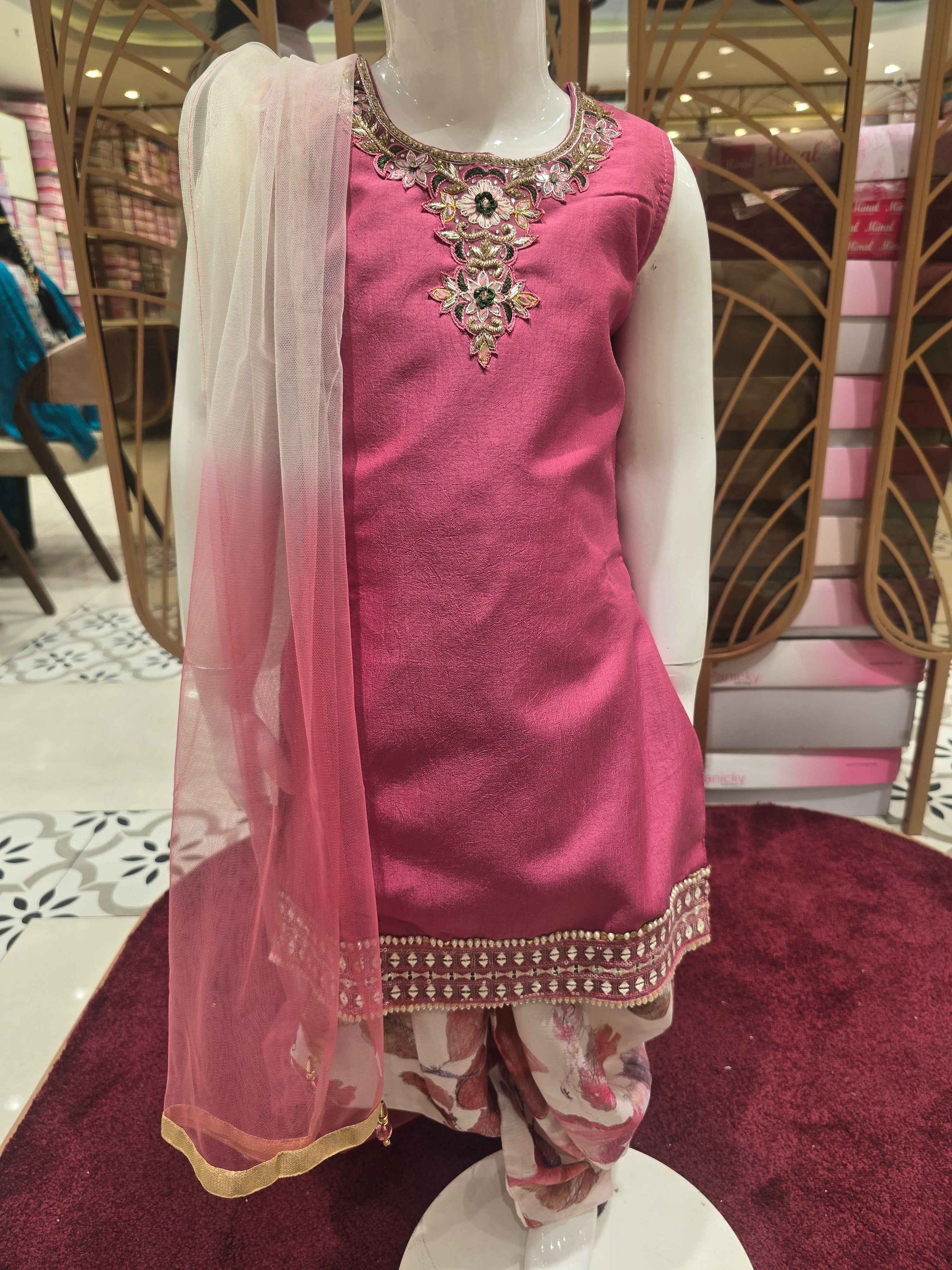 Crepe material onion pink color Patiala set with printed pant and jardhosi work on neck