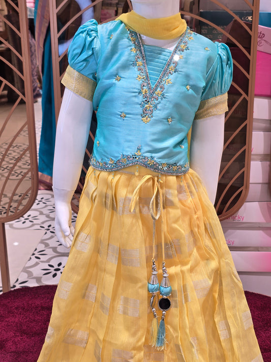 Sky Blue and Lemon Yellow Organza Silk Ethnic Wear Ghagra for Girls with Beads Work Top, Square Pattern Skirt and Traditional Latkan Detailing