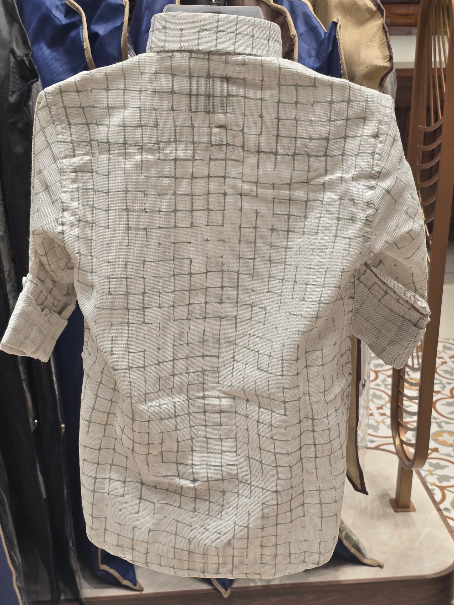 Boy White Green Checked Linen Cotton Shirt