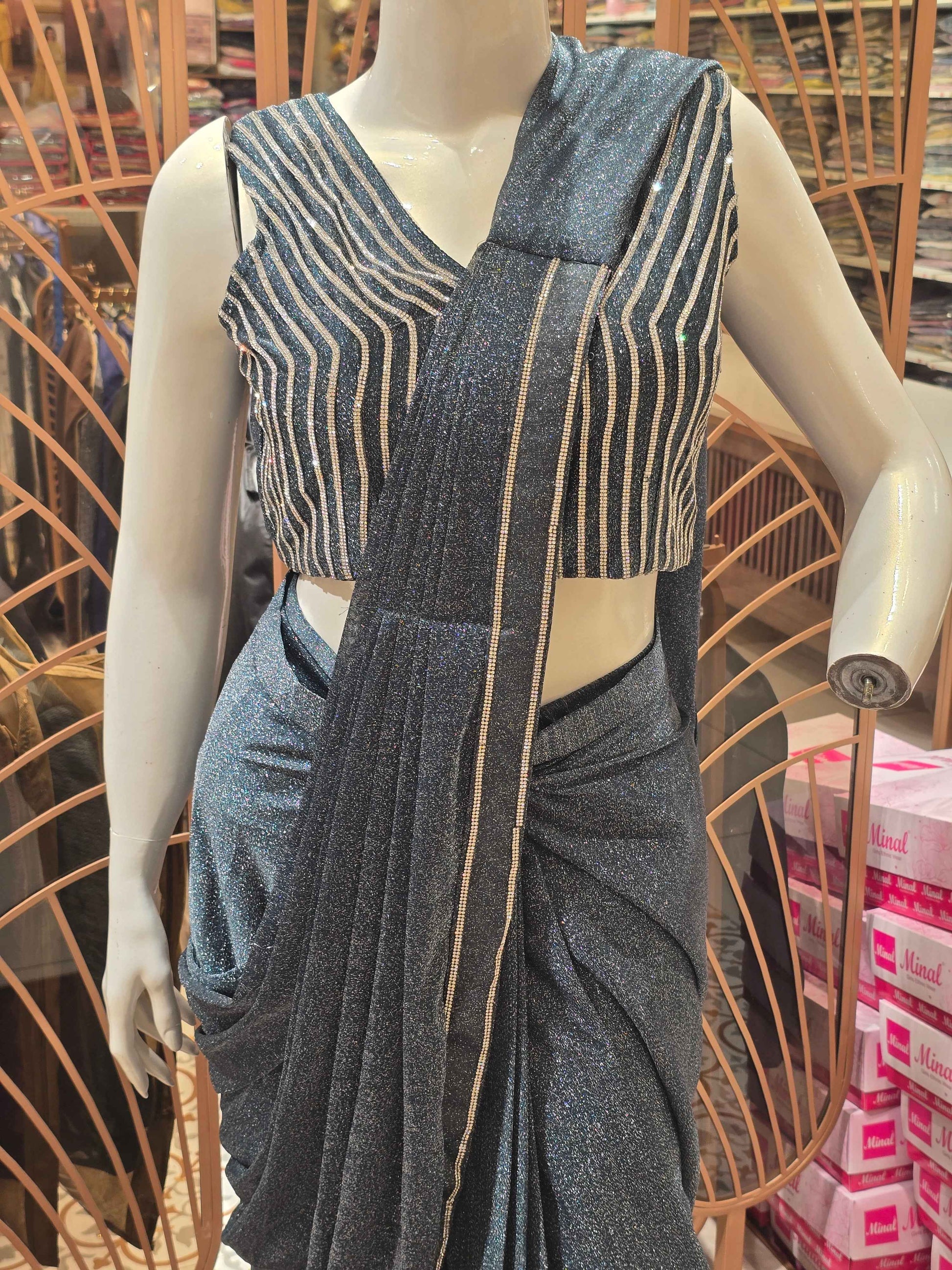 Women Green Shimmer Ready to Wear Saree Set