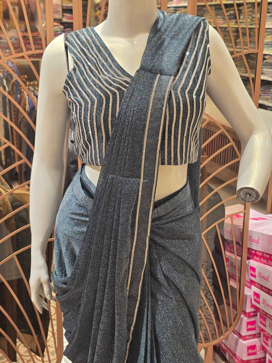 Women Green Shimmer Ready to Wear Saree Set
