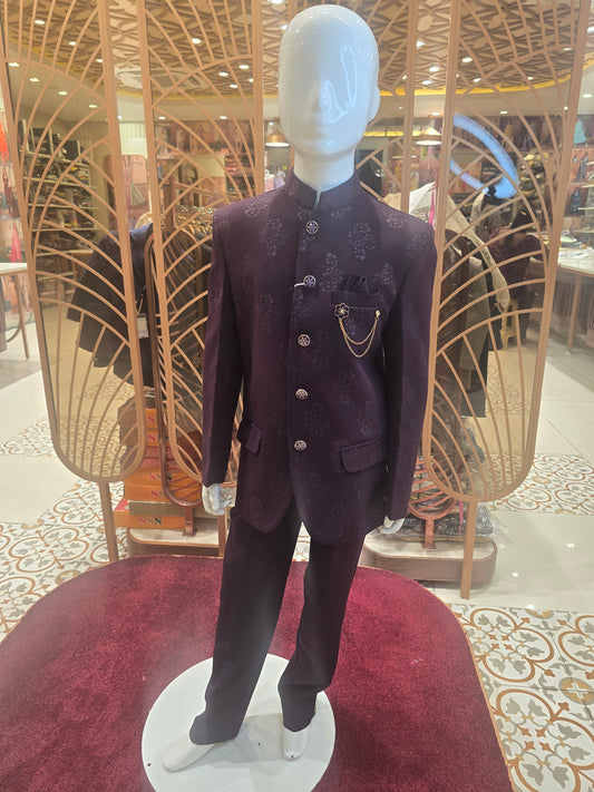 Wine Colored Satin Silk Indo-Western Suit with Position Prints and Stylish Brooch