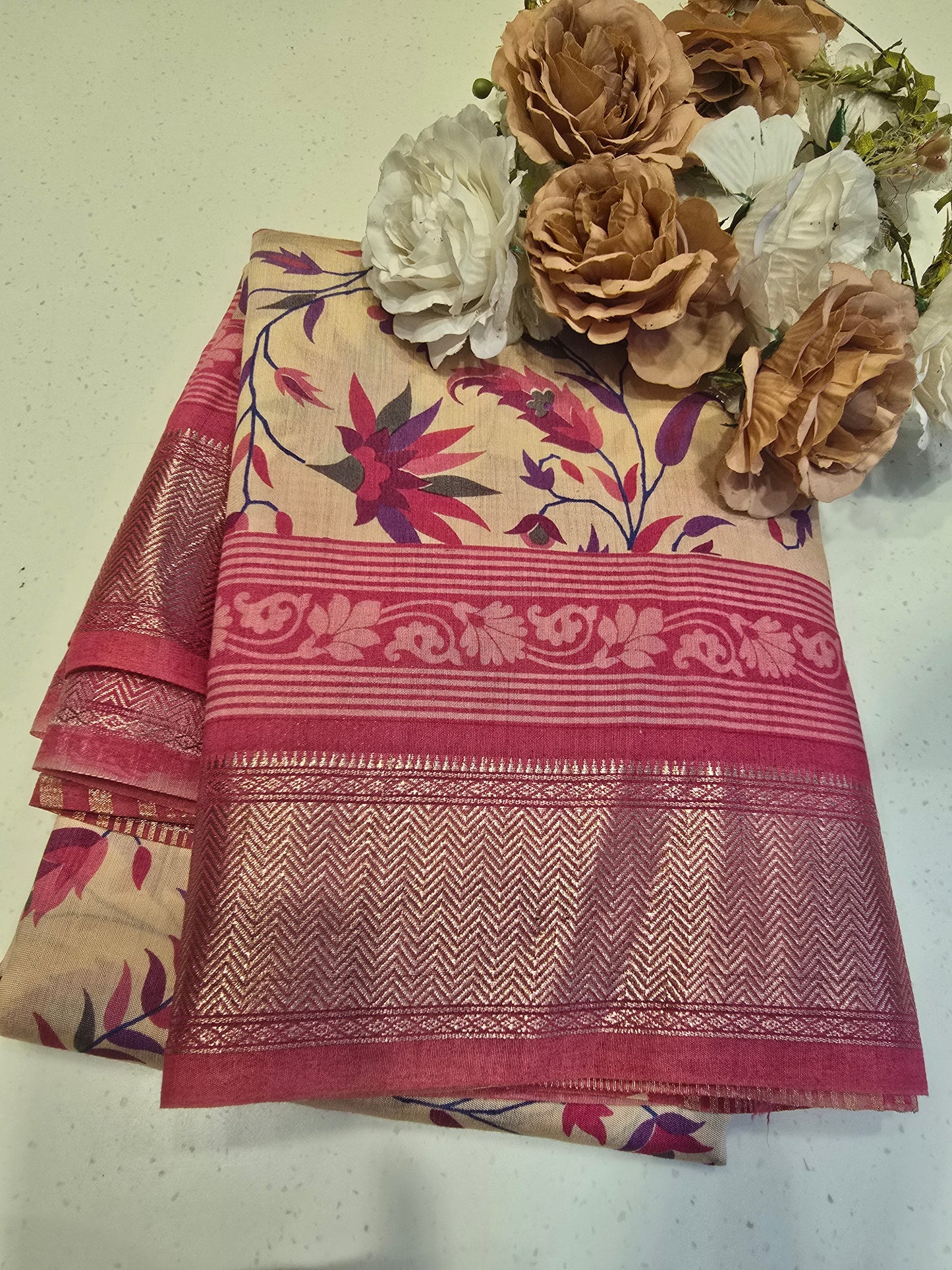 Soft Printed Cotton Saree with Gatti Border | Lightweight Festive & Daily Wear Saree