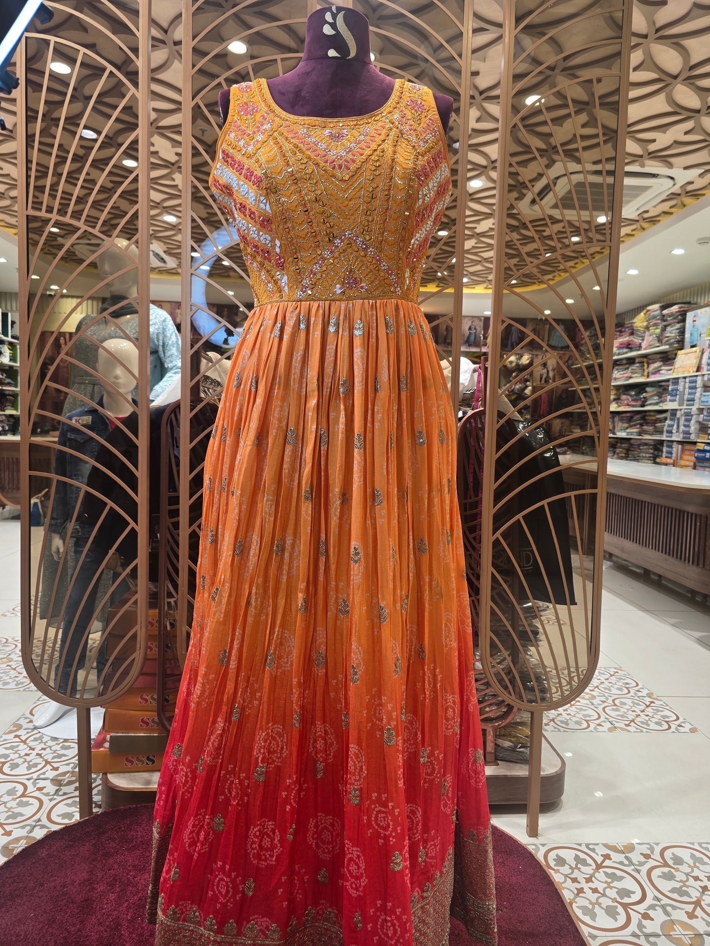 Women’s Tissue Bandhini Traditional Wear Gown in Sky Blue with Sequins, Thread and Mirror Embroidery Work for Festive and Wedding Occasions