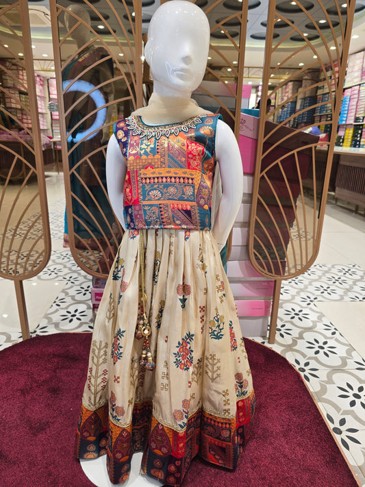 Ivory Banarasi Ethnic Wear Ghagra for Girls with Rama Green Vase Motif, Multicolor Banarasi Weave and Traditional Border