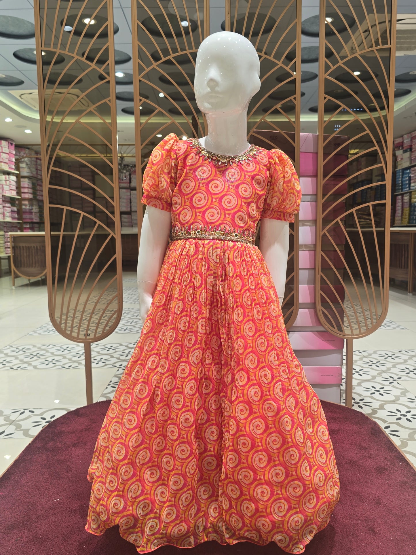 Girl Orange White Printed Chiffon Ethnic Gown