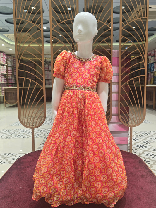 Girl Orange White Printed Chiffon Ethnic Gown
