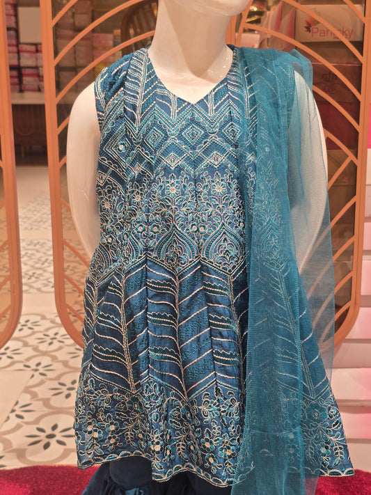 Girls Metallic Blue Crepe Sharara Set with Umbrella Top and Embroidery