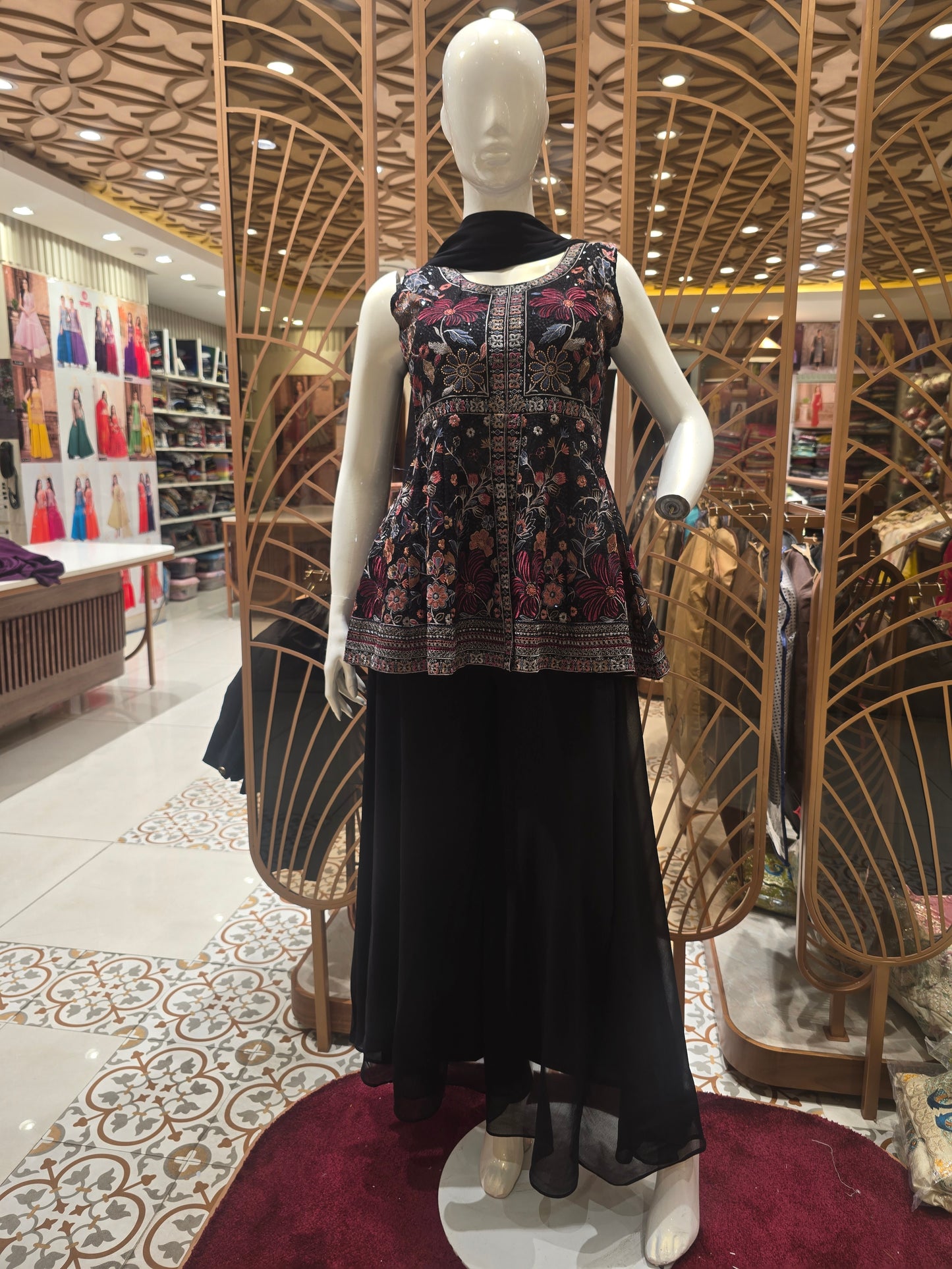 Women Black Chiffon Thread Embroidered Sharara Set