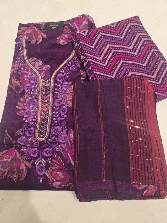 Purple Semi Cotton Dress Material