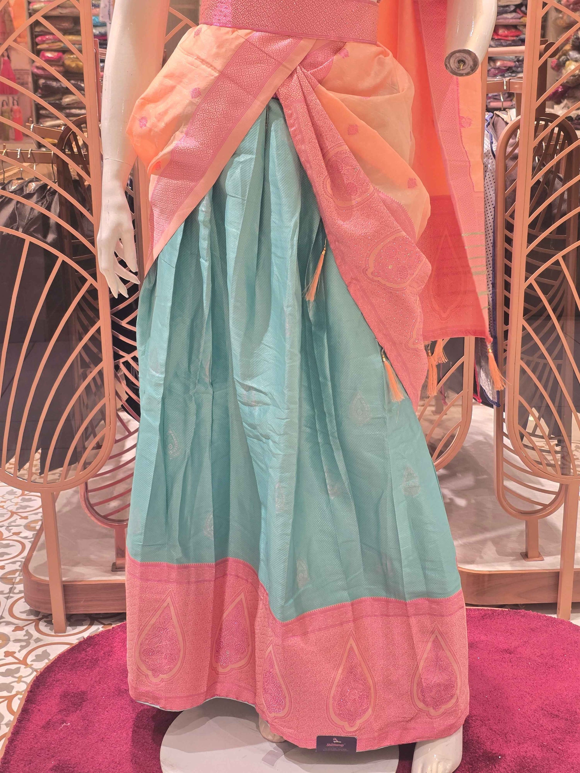 Semi silk material peach with sky blue colour traditional lehenga for women