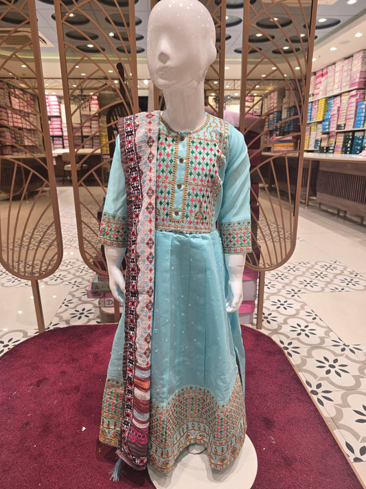 Girl Sky Blue Chanderi Silk Anarkali Kurta Set