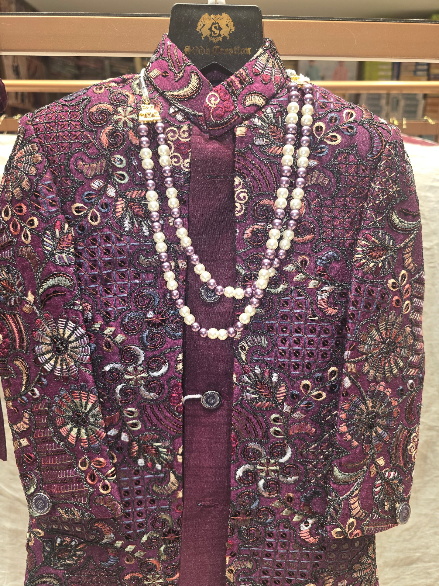 Boys Wine Dupion Silk Indo-Western Set with Multicolour Embroidered Jacket and Dual Colour Mala