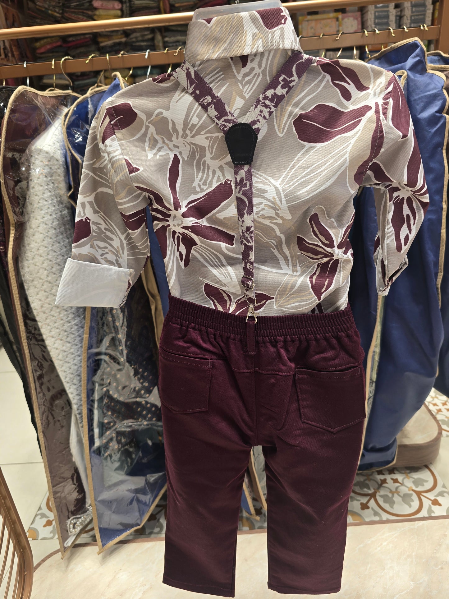 Boys Satin Mixed Printed Dangri Suspender 3 Piece Set with Bow, Cap and Maroon Pant for Party and Summer Wear