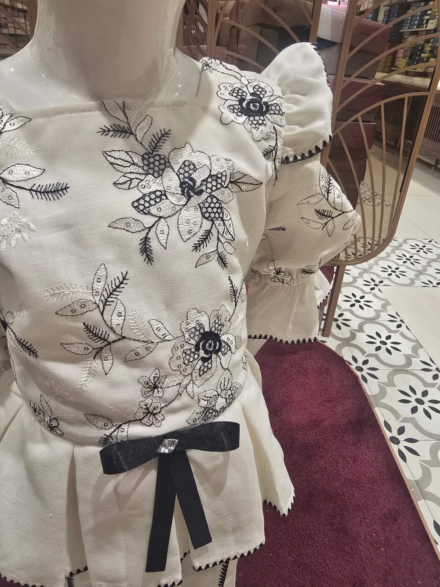 Half White Cotton Western Wear Set with Embroidery & Sequence Work, Bow Waist – 3 Piece Party Wear