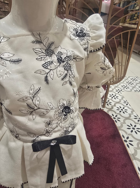 Half White Cotton Western Wear Set with Embroidery & Sequence Work, Bow Waist – 3 Piece Party Wear