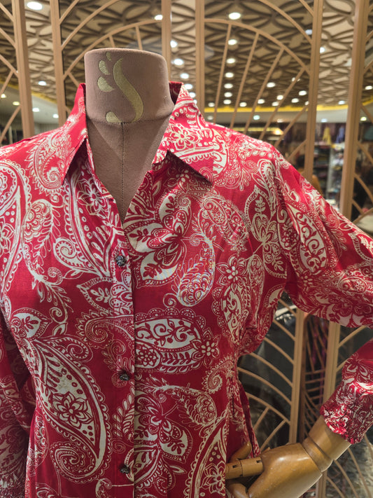 Women’s Umbrella Style Kurta in Red with Mango Design Prints, Collar Neck and Full Sleeves for Daily Wear